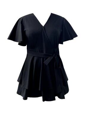 Black Ruffle Romper Dress Flutter Sleeve Tie Waist Mini – Size XXL